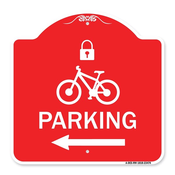 Parking W/ Lock Cycle & Left Arrow, Red & White Aluminum Sign, 18" x 18", RW-1818-23474